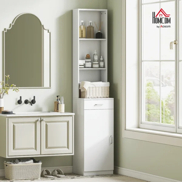 Hoge badkamerkast smalle hoge kast met lade, deur, verstelbare planken, voor badkamer, woonkamer 35 x 30,5 x 179 cm wit 2