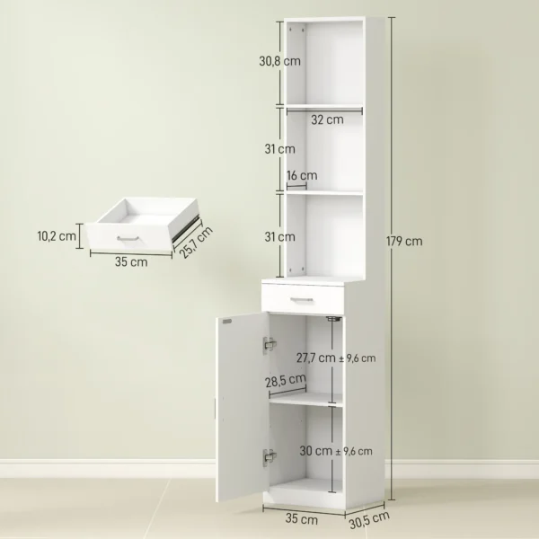 Hoge badkamerkast smalle hoge kast met lade, deur, verstelbare planken, voor badkamer, woonkamer 35 x 30,5 x 179 cm wit 4