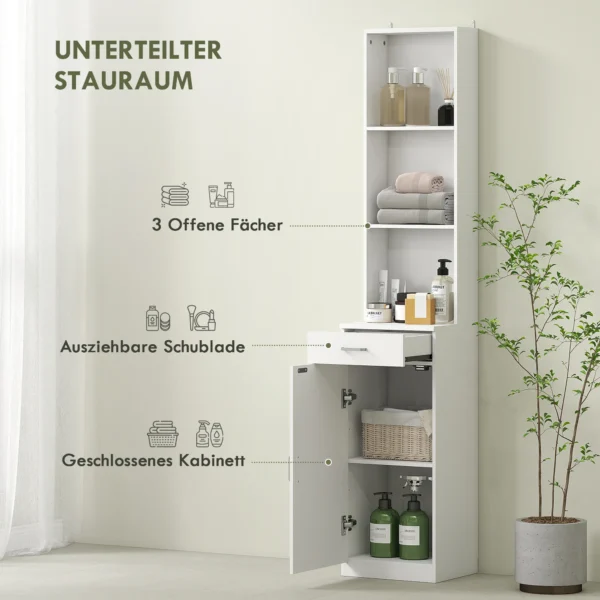 Hoge badkamerkast smalle hoge kast met lade, deur, verstelbare planken, voor badkamer, woonkamer 35 x 30,5 x 179 cm wit 5