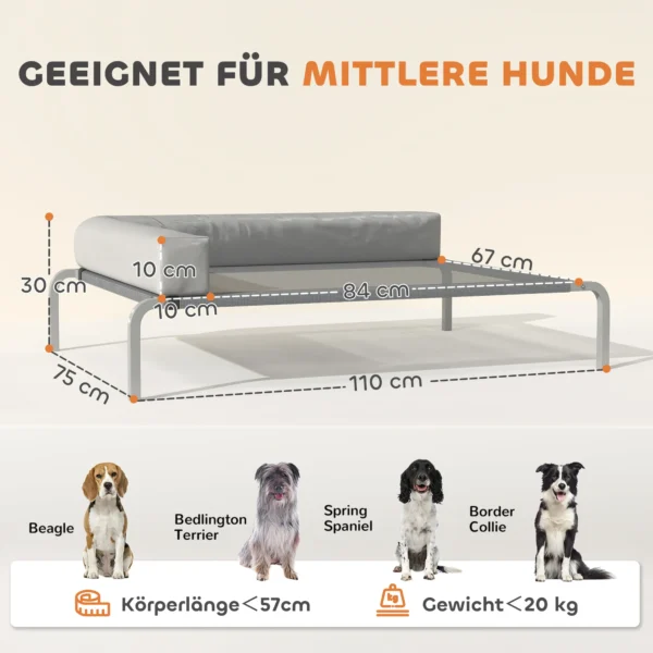 Hondenligstoel buiten, verhoogd hondenbed voor middelgrote honden, verkoelende huisdierligstoel met l vormige kussens antislip voeten, huisdierbed voor buiten kamperen 110x75x30cm, lichtgrijs 4