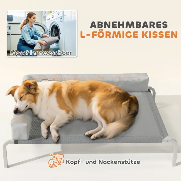 Hondenligstoel buiten, verhoogd hondenbed voor middelgrote honden, verkoelende huisdierligstoel met l vormige kussens antislip voeten, huisdierbed voor buiten kamperen 110x75x30cm, lichtgrijs 6