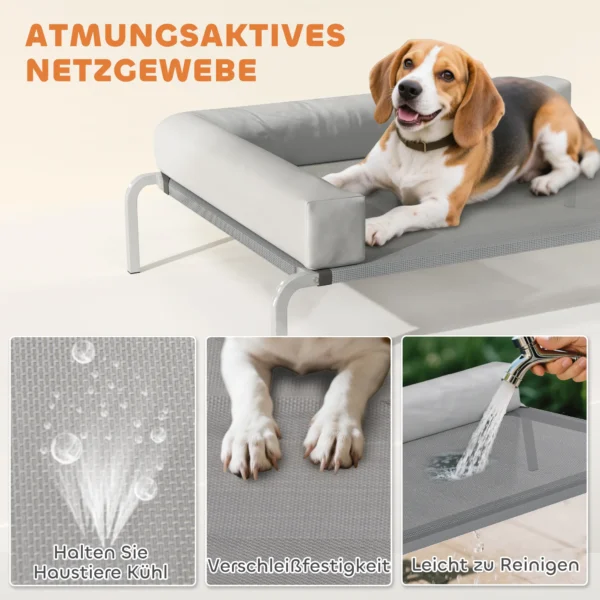 Hondenligstoel buiten, verhoogd hondenbed voor middelgrote honden, verkoelende huisdierligstoel met l vormige kussens antislip voeten, huisdierbed voor buiten kamperen 110x75x30cm, lichtgrijs 7