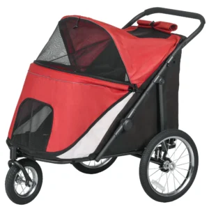 Hondenwagen hondenbuggy met netvensters, opvouwbare kattenwagen met veiligheidslijn, grote rubberen wielen voor middelgrote, grote honden tot 30 kg, oxford, rood 1