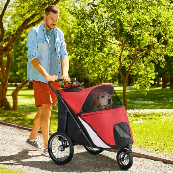 Hondenwagen hondenbuggy met netvensters, opvouwbare kattenwagen met veiligheidslijn, grote rubberen wielen voor middelgrote, grote honden tot 30 kg, oxford, rood 2