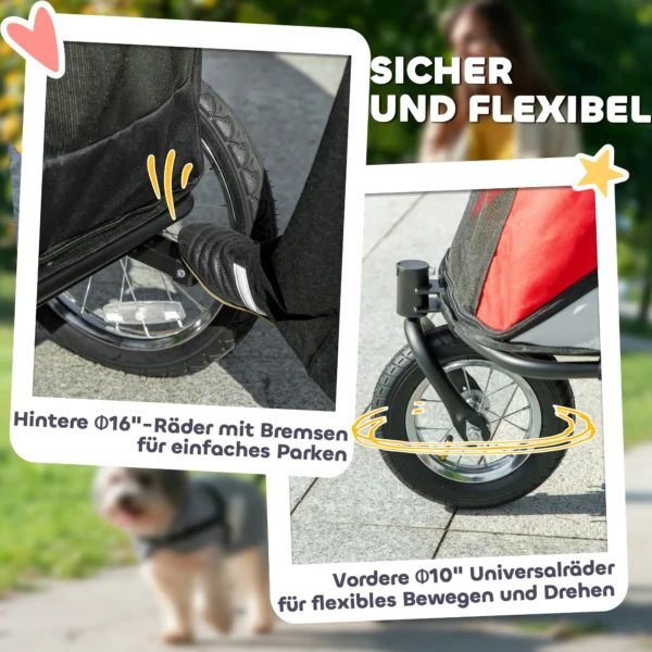 Hondenwagen hondenbuggy met netvensters, opvouwbare kattenwagen met veiligheidslijn, grote rubberen wielen voor middelgrote, grote honden tot 30 kg, oxford, rood 6