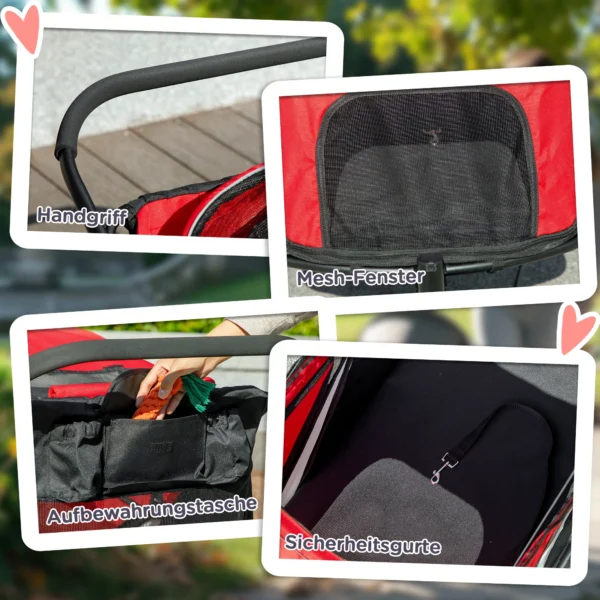 Hondenwagen hondenbuggy met netvensters, opvouwbare kattenwagen met veiligheidslijn, grote rubberen wielen voor middelgrote, grote honden tot 30 kg, oxford, rood 7