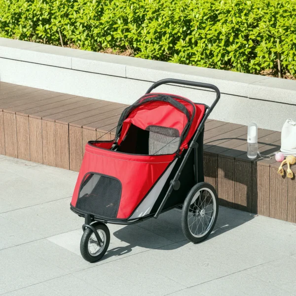 Hondenwagen hondenbuggy met netvensters, opvouwbare kattenwagen met veiligheidslijn, grote rubberen wielen voor middelgrote, grote honden tot 30 kg, oxford, rood 9