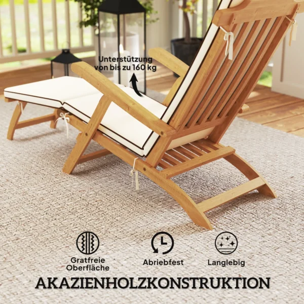 Houten vouwbare zonneligstoel met voetensteun, matras, ergonomische ligstoel weerbestendige campingligstoel, tuinstoel tot 160 kg belastbaar, voor tuin vakantie buiten strand zwembad, teak 7