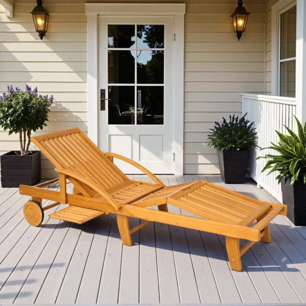 Houten vouwbare zonneligstoel met zijtafel, rol, ligstoel met 4 voudig verstelbare rugleuning, campingligstoel, tuinstoel tot 160 kg belastbaar, voor tuin strand, teak 2