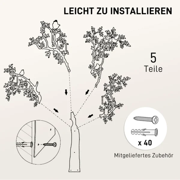 Kapstokhaken wandkapstok in boomvorm met 4 vogels kapstoklijst met 8 haken wanddecoratie voor jassen, mantels, hoeden, sjaals, handtassen, 120 x 175 cm, zwart 7