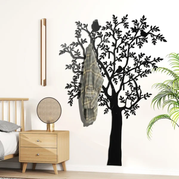 Kapstokhaken wandkapstok in boomvorm met 4 vogels kapstoklijst met 8 haken wanddecoratie voor jassen, mantels, hoeden, sjaals, handtassen, 120 x 175 cm, zwart 8