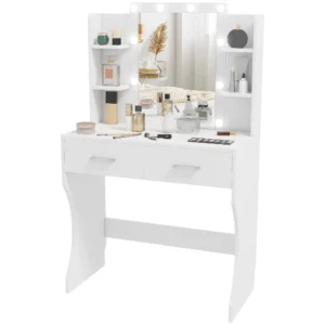 Kaptafel met dimbare led verlichting, make up tafel met spiegel, kaptafel met 2 lades, 6 open planken, voor slaapkamer, wit 1