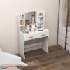 Kaptafel met dimbare led verlichting, make up tafel met spiegel, kaptafel met 2 lades, 6 open planken, voor slaapkamer, wit 10