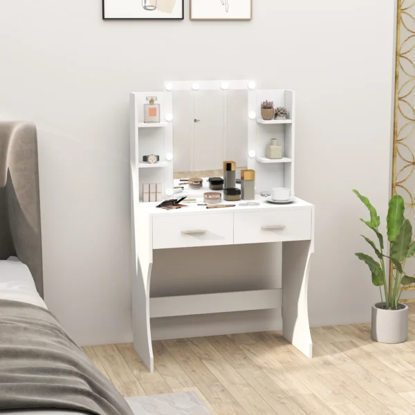Kaptafel met dimbare led verlichting, make up tafel met spiegel, kaptafel met 2 lades, 6 open planken, voor slaapkamer, wit 2