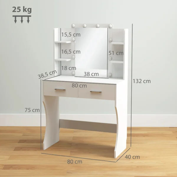 Kaptafel met dimbare led verlichting, make up tafel met spiegel, kaptafel met 2 lades, 6 open planken, voor slaapkamer, wit 4