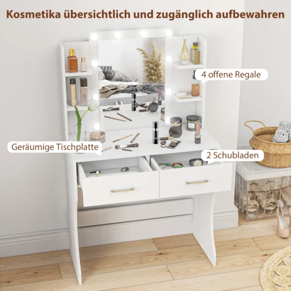 Kaptafel met dimbare led verlichting, make up tafel met spiegel, kaptafel met 2 lades, 6 open planken, voor slaapkamer, wit 6