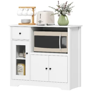 Keukenkast buffetkast met magnetronplank, magnetronkast met 3 deuren, lade, verstelbare planken, opbergkast voor keuken, eetkamer, woonkamer, wit 1