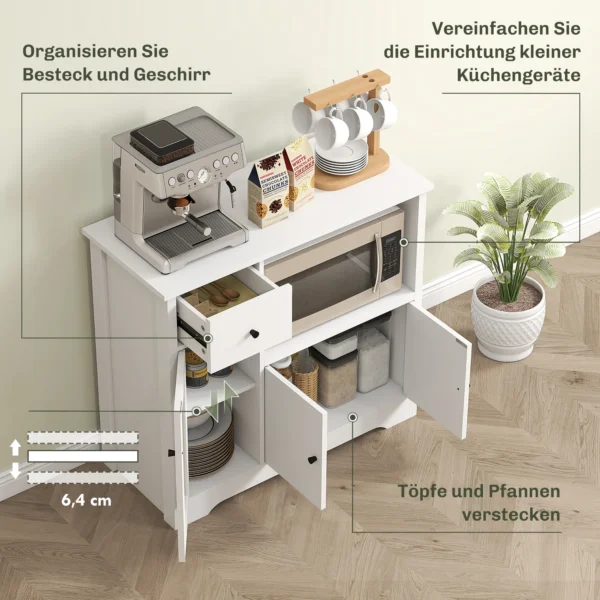 Keukenkast buffetkast met magnetronplank, magnetronkast met 3 deuren, lade, verstelbare planken, opbergkast voor keuken, eetkamer, woonkamer, wit 5