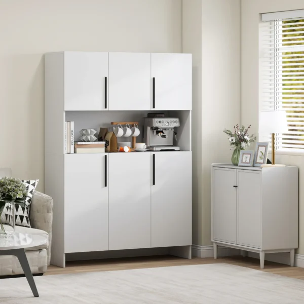 Keukenkast buffetkast met werkblad, 6 deuren, 4 kasten, hoge kast met geluidloze scharnieren, magnetronkast met modern ontwerp, wit 10