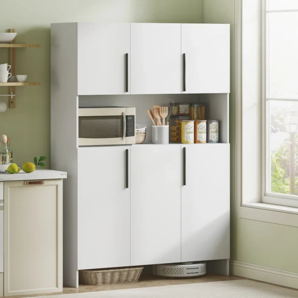 Keukenkast buffetkast met werkblad, 6 deuren, 4 kasten, hoge kast met geluidloze scharnieren, magnetronkast met modern ontwerp, wit 2