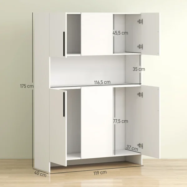 Keukenkast buffetkast met werkblad, 6 deuren, 4 kasten, hoge kast met geluidloze scharnieren, magnetronkast met modern ontwerp, wit 4