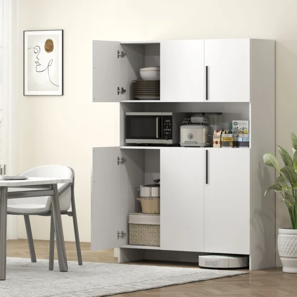 Keukenkast buffetkast met werkblad, 6 deuren, 4 kasten, hoge kast met geluidloze scharnieren, magnetronkast met modern ontwerp, wit 9