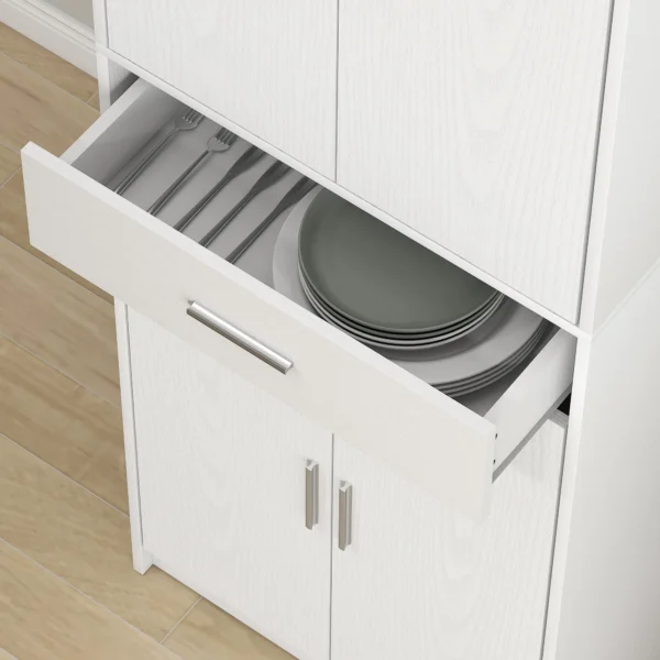 Keukenkast hoge kast met verstelbare planken, 4 deuren buffetkast met lade, voorraadkast met scandinavisch design, wit 10