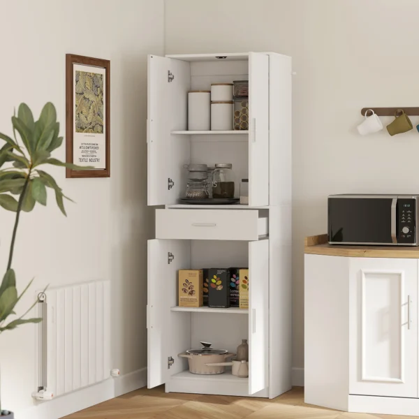 Keukenkast hoge kast met verstelbare planken, 4 deuren buffetkast met lade, voorraadkast met scandinavisch design, wit 2