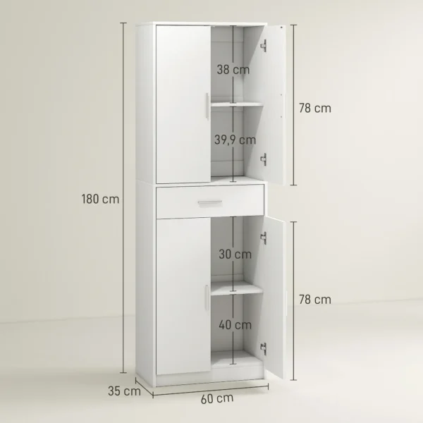 Keukenkast hoge kast met verstelbare planken, 4 deuren buffetkast met lade, voorraadkast met scandinavisch design, wit 4