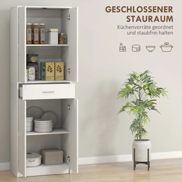 Keukenkast hoge kast met verstelbare planken, 4 deuren buffetkast met lade, voorraadkast met scandinavisch design, wit 5