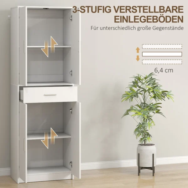 Keukenkast hoge kast met verstelbare planken, 4 deuren buffetkast met lade, voorraadkast met scandinavisch design, wit 6