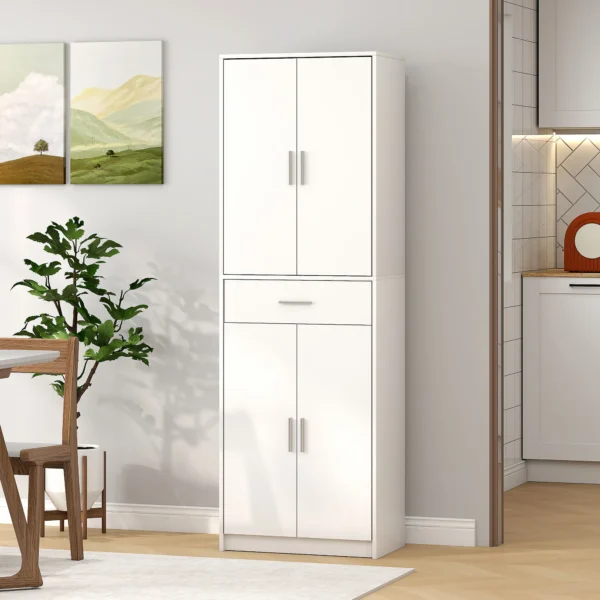 Keukenkast hoge kast met verstelbare planken, 4 deuren buffetkast met lade, voorraadkast met scandinavisch design, wit 8