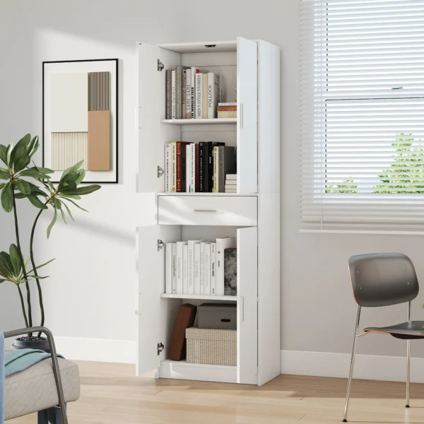 Keukenkast hoge kast met verstelbare planken, 4 deuren buffetkast met lade, voorraadkast met scandinavisch design, wit 9