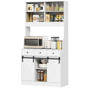 Keukenkast, hoge kast met werkblad, buffetkast met schuifdeuren, 3 lades, verstelbare planken, opbergkast voor keuken eetkamer 93,5x40x180 cm wit 1