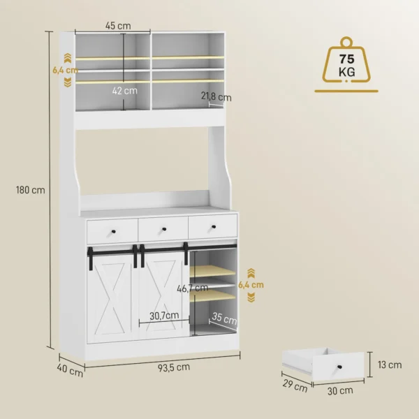 Keukenkast, hoge kast met werkblad, buffetkast met schuifdeuren, 3 lades, verstelbare planken, opbergkast voor keuken eetkamer 93,5x40x180 cm wit 4