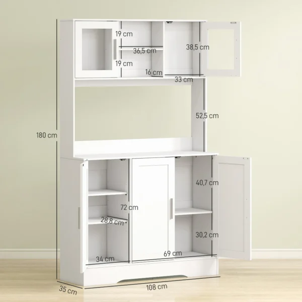 Keukenkast hoge kast met werkblad buffetkast met verstelbare planken, 5 deuren, voorraadkast met glazen deuren, scandinavisch ontwerp, wit 4
