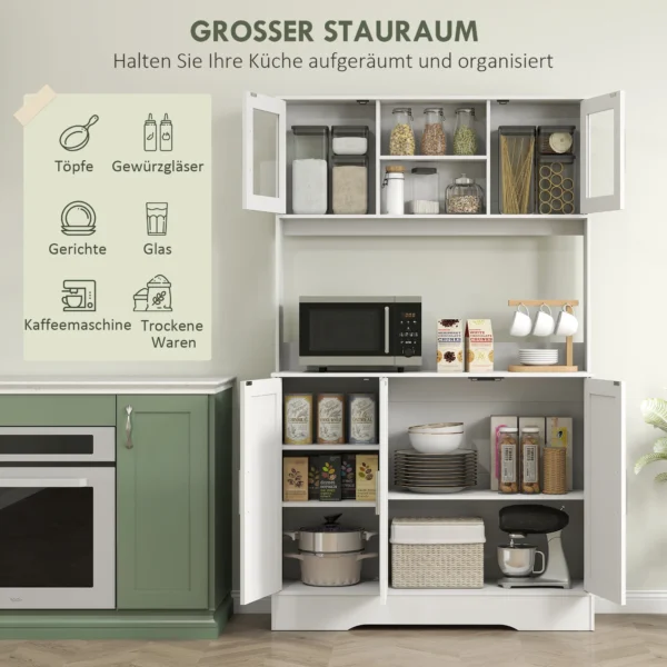 Keukenkast hoge kast met werkblad buffetkast met verstelbare planken, 5 deuren, voorraadkast met glazen deuren, scandinavisch ontwerp, wit 5