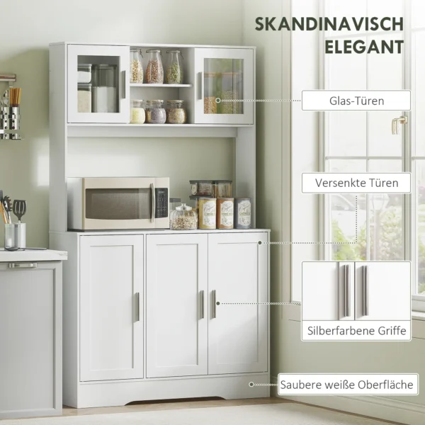 Keukenkast hoge kast met werkblad buffetkast met verstelbare planken, 5 deuren, voorraadkast met glazen deuren, scandinavisch ontwerp, wit 7