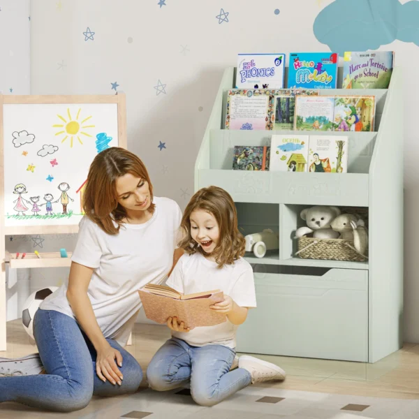 Kinder boekenkast kinderkast met lade, 3 opbergvakken en 2 open vakken, opbergrek voor kinderkamer, speelkamer, lichtgroen, 60 x 29,9 x 90 cm 2