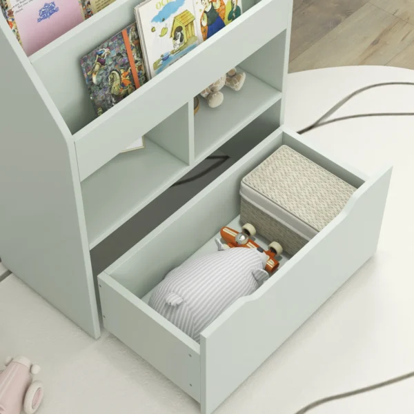 Kinder boekenkast kinderkast met lade, 3 opbergvakken en 2 open vakken, opbergrek voor kinderkamer, speelkamer, lichtgroen, 60 x 29,9 x 90 cm 9