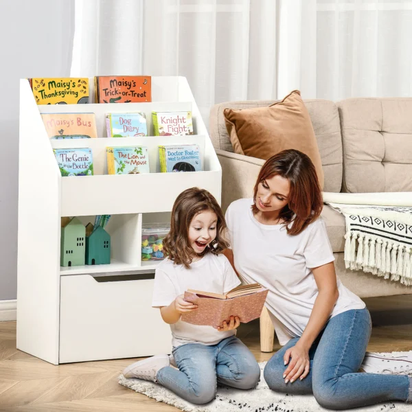 Kinderboekenkast met lade, 3 opbergvakken en 2 open vakken, opbergrek voor kinderkamer, speelkamer, wit, 60 x 29,9 x 90 cm 2