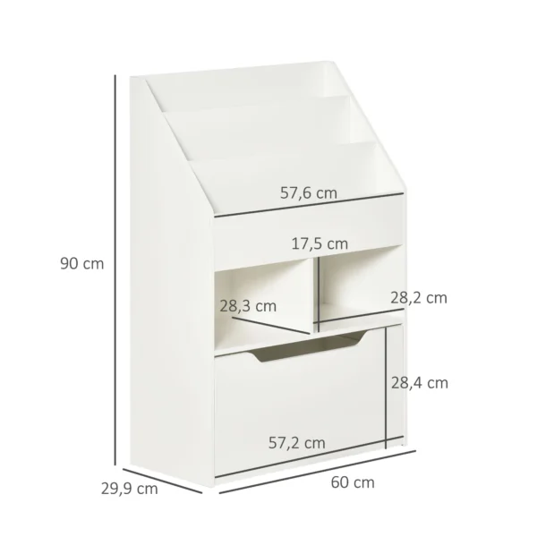 Kinderboekenkast met lade, 3 opbergvakken en 2 open vakken, opbergrek voor kinderkamer, speelkamer, wit, 60 x 29,9 x 90 cm 4