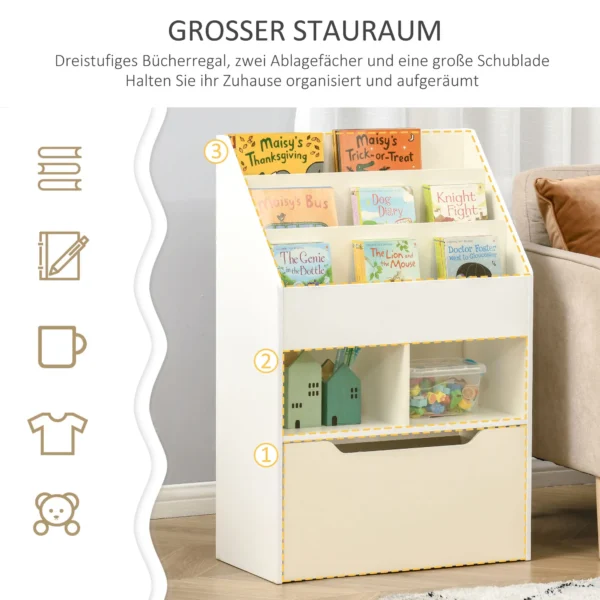Kinderboekenkast met lade, 3 opbergvakken en 2 open vakken, opbergrek voor kinderkamer, speelkamer, wit, 60 x 29,9 x 90 cm 5