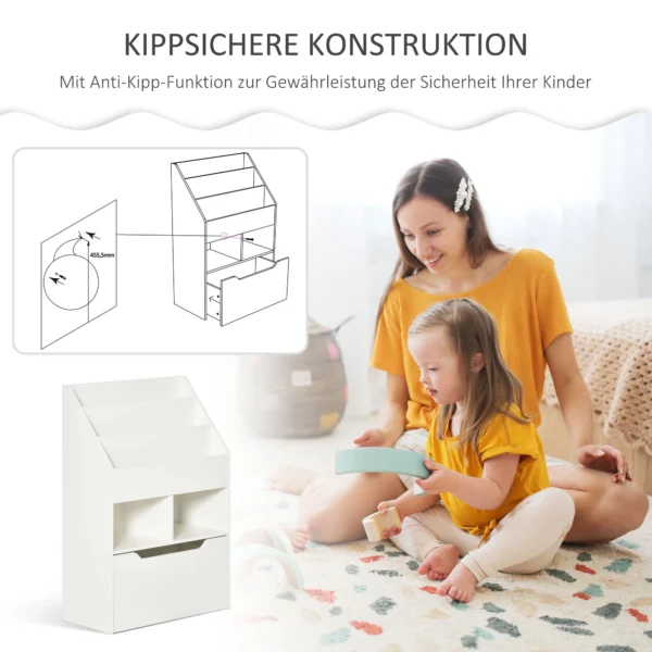 Kinderboekenkast met lade, 3 opbergvakken en 2 open vakken, opbergrek voor kinderkamer, speelkamer, wit, 60 x 29,9 x 90 cm 6