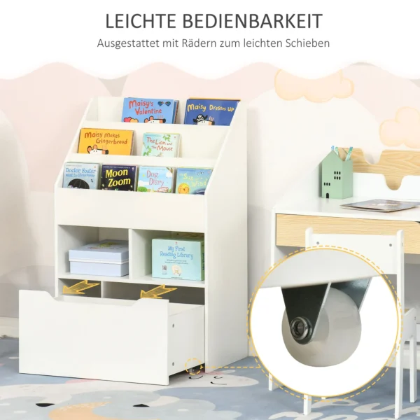 Kinderboekenkast met lade, 3 opbergvakken en 2 open vakken, opbergrek voor kinderkamer, speelkamer, wit, 60 x 29,9 x 90 cm 7