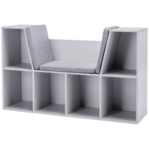 Kinderboekenkast met zitkruk kinderbank met 6 vakken zitkist met 3 kussens speelgoedkist vanaf 3 jaar grijs 103 x 30 x 62 cm 1