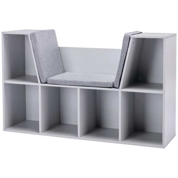 Kinderboekenkast met zitkruk kinderbank met 6 vakken zitkist met 3 kussens speelgoedkist vanaf 3 jaar grijs 103 x 30 x 62 cm 1