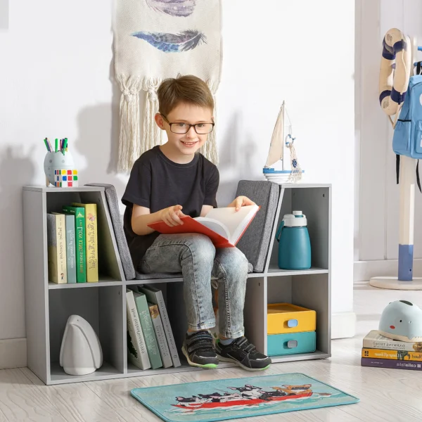 Kinderboekenkast met zitkruk kinderbank met 6 vakken zitkist met 3 kussens speelgoedkist vanaf 3 jaar grijs 103 x 30 x 62 cm 2