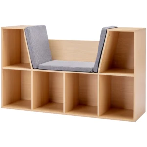 Kinderboekenkast met zitkruk kinderbank met 6 vakken zitkist met 3 kussens speelgoedkist vanaf 3 jaar grijs+natuur 103 x 30 x 62 cm 1