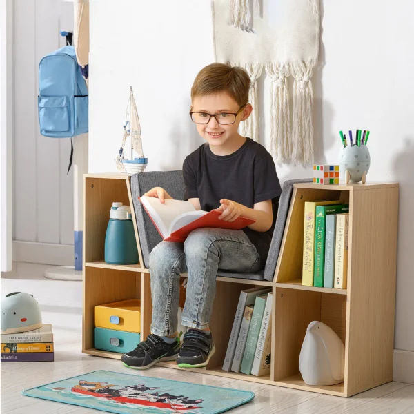 Kinderboekenkast met zitkruk kinderbank met 6 vakken zitkist met 3 kussens speelgoedkist vanaf 3 jaar grijs+natuur 103 x 30 x 62 cm 2